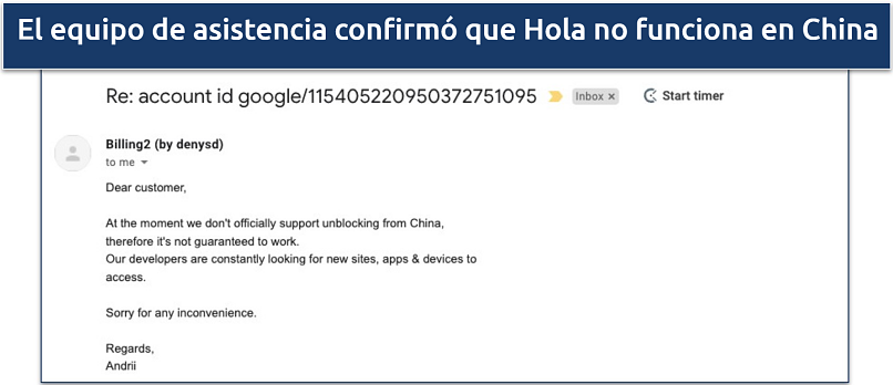 Captura de tela do suporte ao cliente da Hola respondendo a um e-mail
