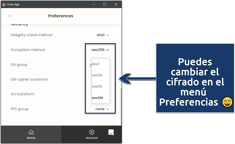 Screenshot mostrando como mudar a criptografia do Hola