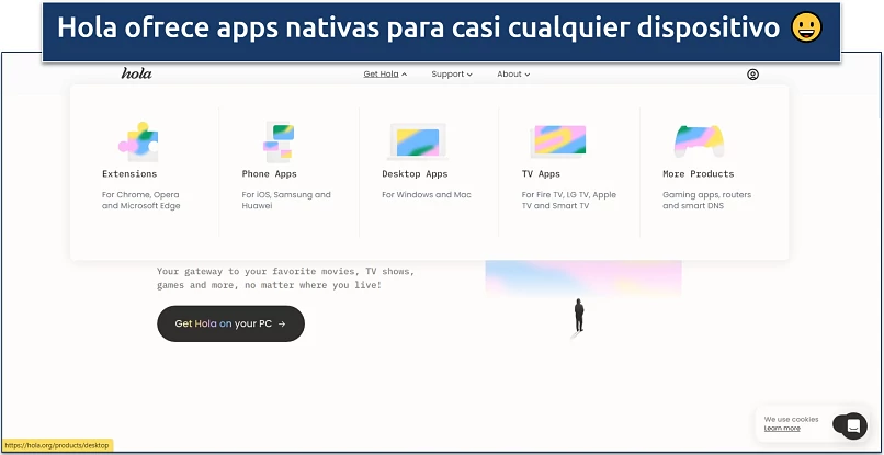 Captura de tela da página de aplicativos da Hola