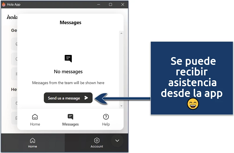 Captura de tela mostrando a janela de mensagem do Hola no aplicativo