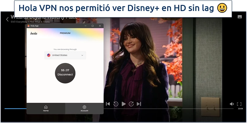 Captura de tela do Disney+ streaming com Hola VPN conectado