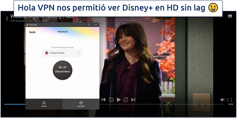 Captura de tela do Disney+ streaming com Hola VPN conectado