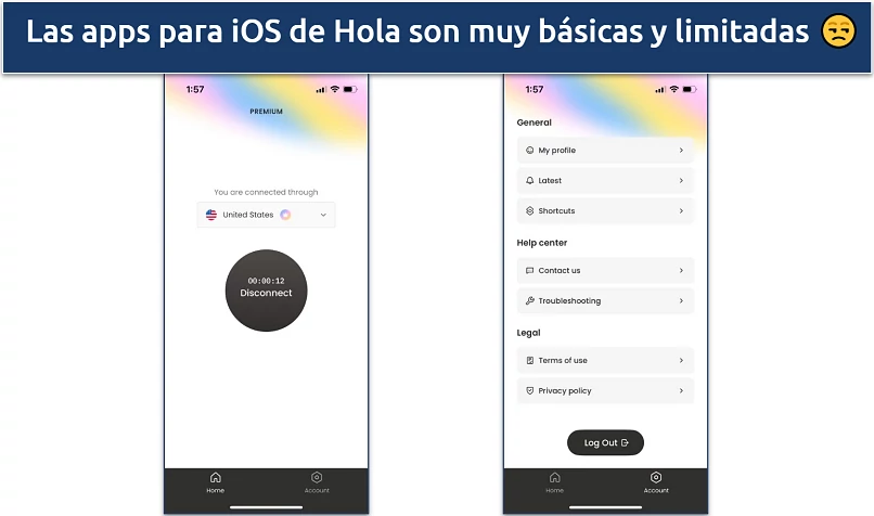 Captura de tela do aplicativo da Hola para iOS