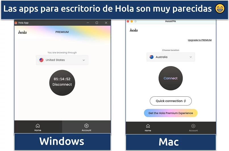 Captura de tela dos aplicativos da Hola para Windows e Mac
