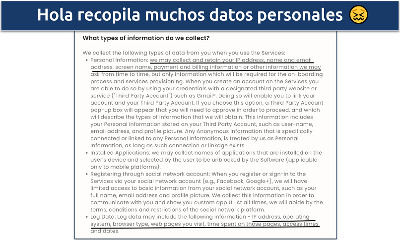 Captura de tela da invasiva política de privacidade da Hola