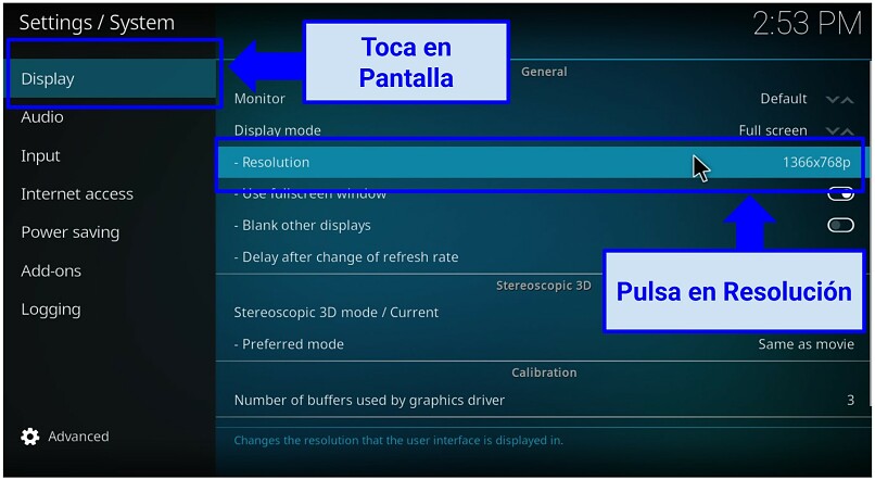 A screenshot of Kodi app display and resolution settings