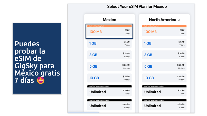 Screenshot showing the GigSky Mexico eSIM plans