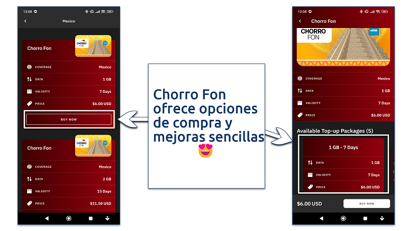 Screenshot of Airlao's Chorro Fon eSIM options