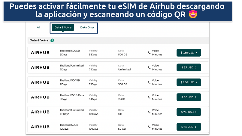 Captura de pantalla de los planes de la eSIM de Airhub para Tailandia