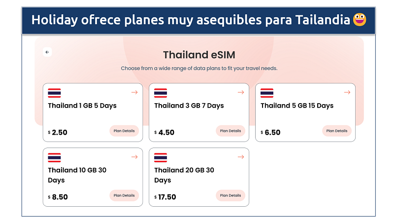 Captura de pantalla que muestra las opciones de la eSIM de Holiday para Tailandia