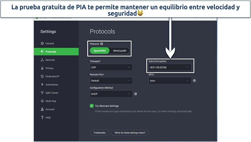 Captura de pantalla de la aplicación Windows de PIA que muestra sus funciones personalizables