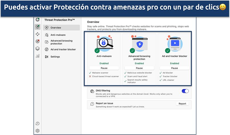 Captura de pantalla que muestra cómo activar Protección contra amenazas pro