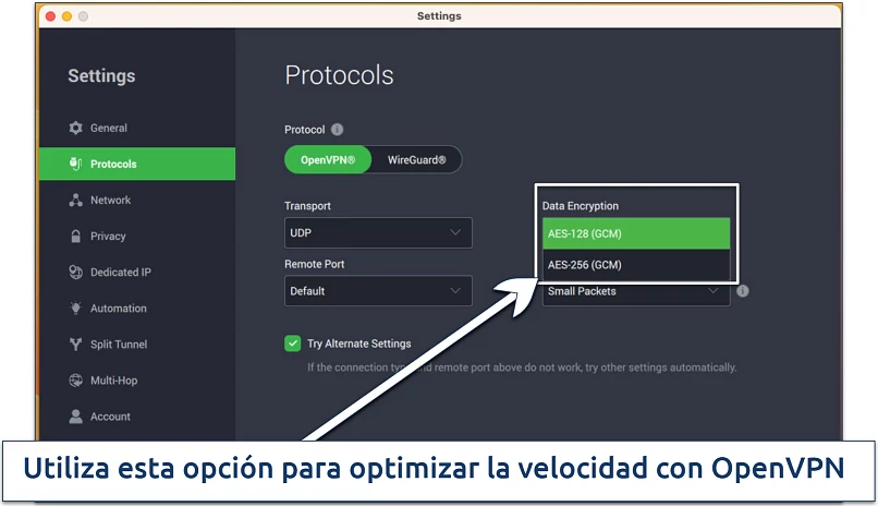 Screenshot of PIA's settings to customize encryption and protocols