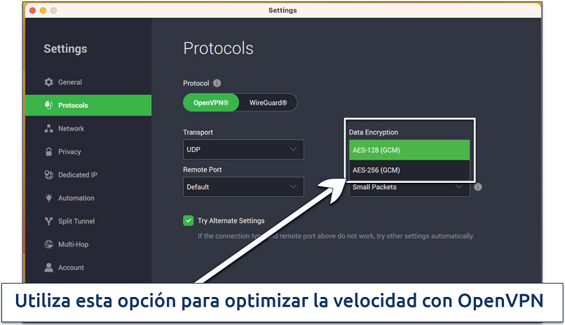 Screenshot of PIA's settings to customize encryption and protocols