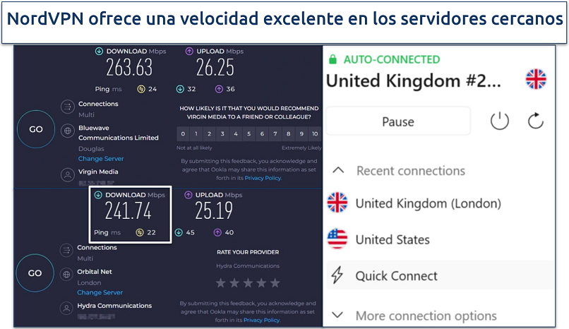 Screenshot of Ookla speed tests done with no VPN and while connected to NordVPN's server in London