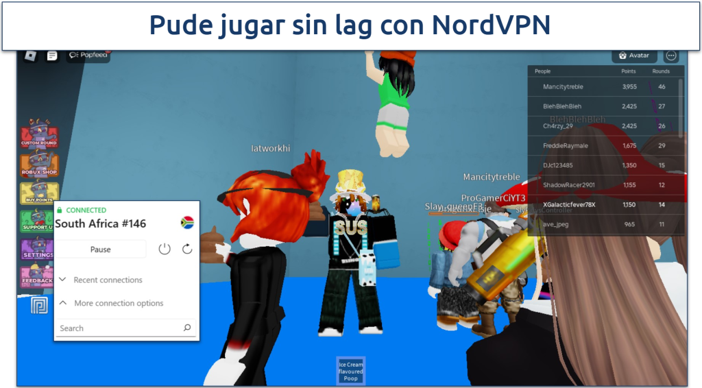Screenshot of Roblox being played while connected to NordVPN's server in South Africa