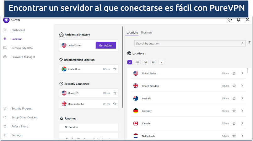 Screenshot of PureVPN clutter-free Windows dashboard