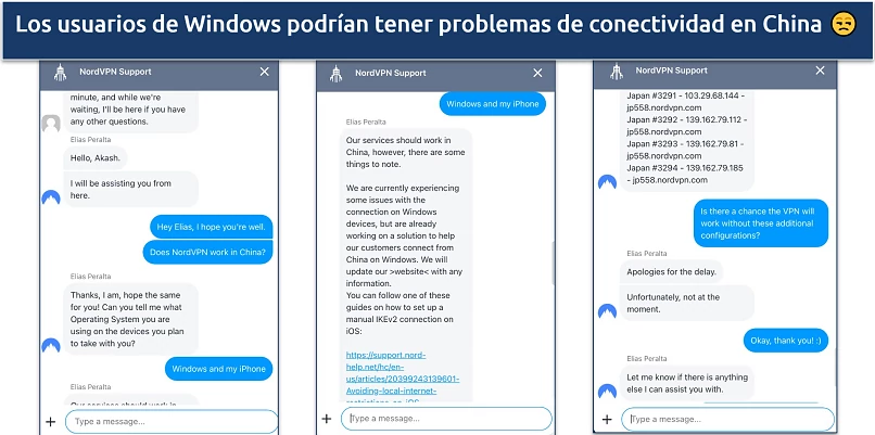 Captura de tela de um chat com o suporte do NordVPN sobre a conectividade da VPN na China