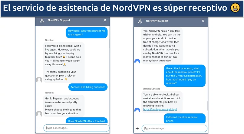 Captura de tela de um chat com o suporte ao cliente da NordVPN
