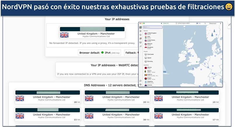 Captura de tela do teste de proteção contra vazamentos do NordVPN