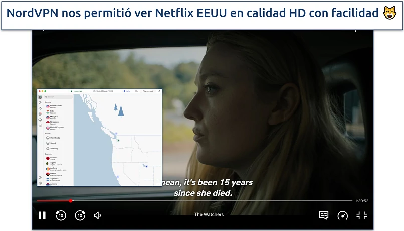 Screenshot de The Watchers assistindo na Netflix EUA com a NordVPN conectada