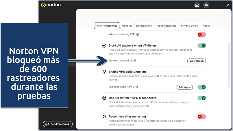 Screenshot of Norton VPN's settings 