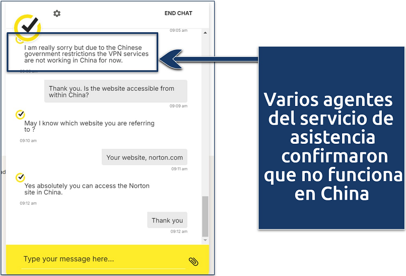 Screenshot of a conversation with Norton VPN customer support regarding the VPN use in China