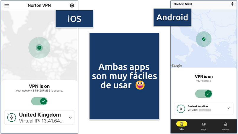 Side-by-side screenshots of iOS and Android Norton VPN apps
