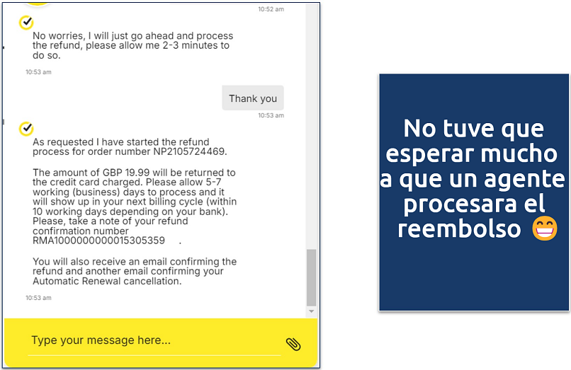 Screenshot of a conversation with Norton VPN support, asking for a refund