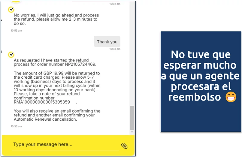 Screenshot of a conversation with Norton VPN support, asking for a refund