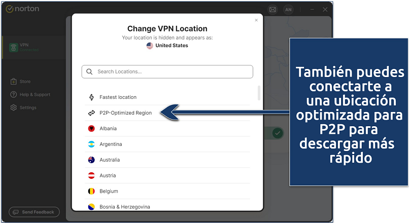 Screenshot of Norton VPN's server list
