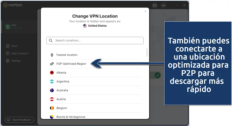 Screenshot of Norton VPN's server list