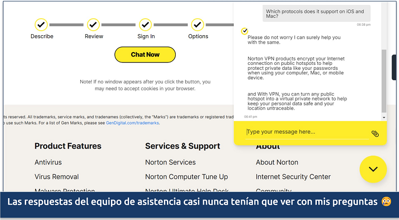 Screenshot of a conversation with Norton VPN's live chat agent