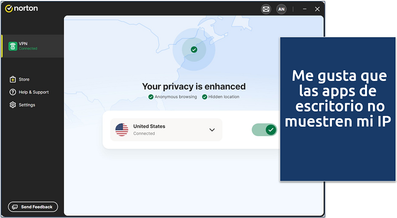 Screenshot of Norton VPN's Windows app connected to a US server