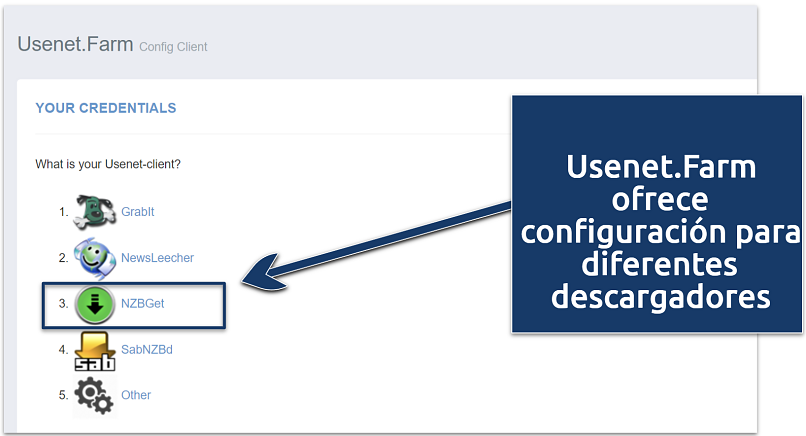 Screenshot showing Usenet.Farm credentials options