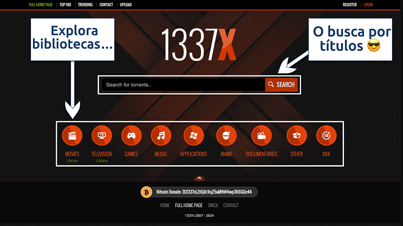 Screenshot of the 1337x home page