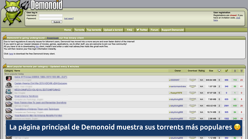 Screenshot of the Demonoid homepage
