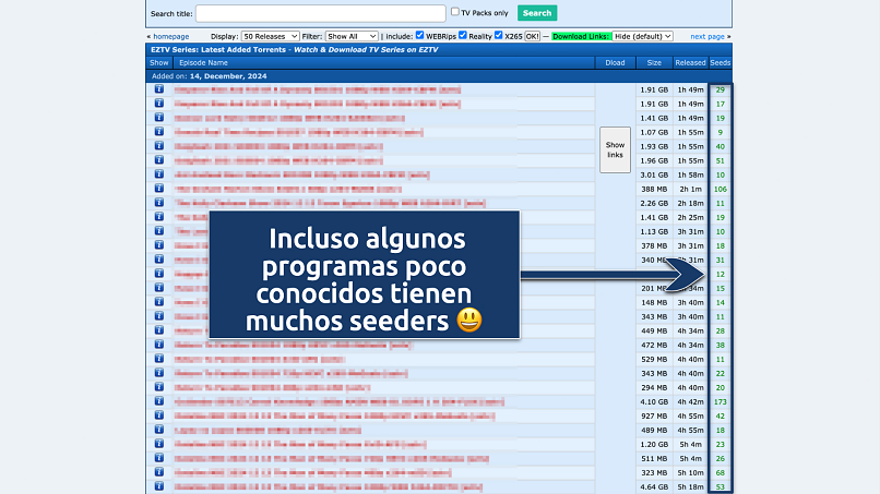 Screenshot of the eztv search results page