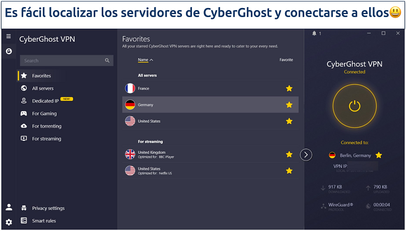 Screenshot of CyberGhost's Windows app showing a