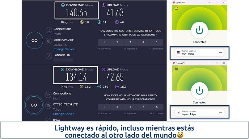 Screenshot of ExpressVPN's app next to Ookla speed tests on Dallas and Tokyo servers