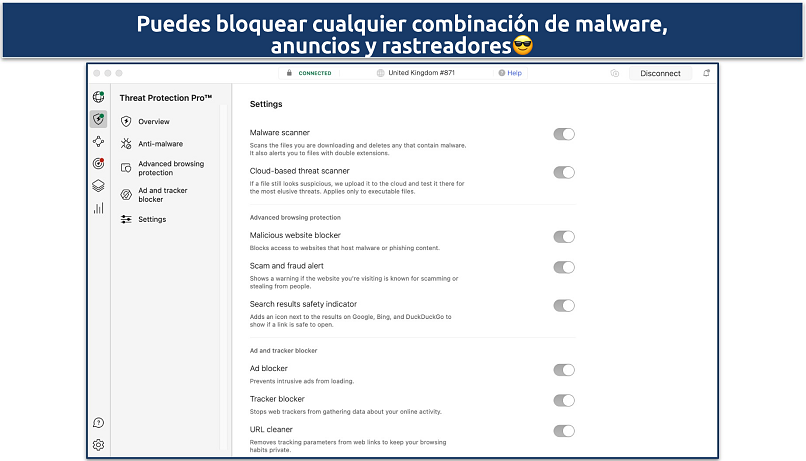 Screenshot of the Settings tab on NordVPN's Threat Protection Pro