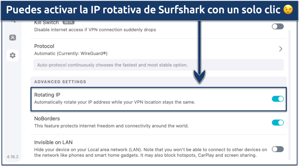 Screenshot showing how to activate Surfshark's Rotating IP feature