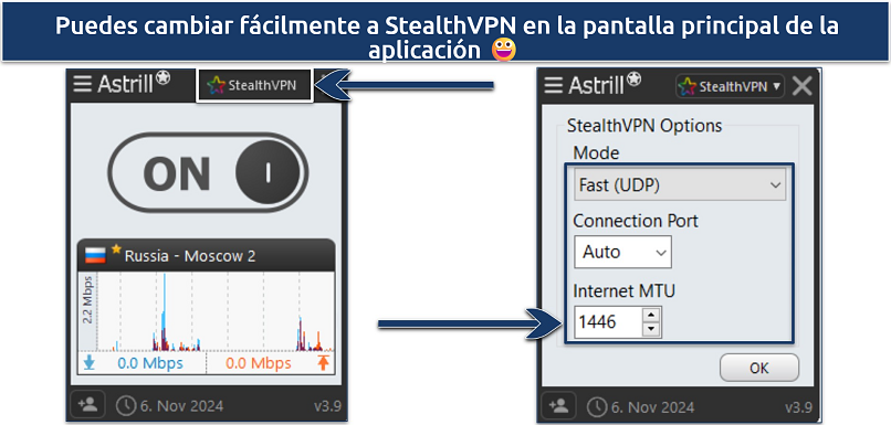 Captura de pantalla de la interfaz de la aplicación de Astrill VPN conectada al servidor ruso, destacando el protocolo StealthVPN