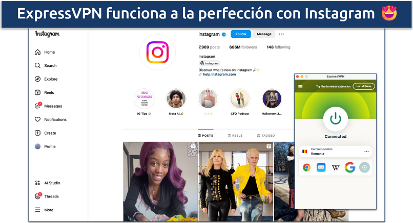 Captura de pantalla de la web de Instagram con ExpressVPN conectada