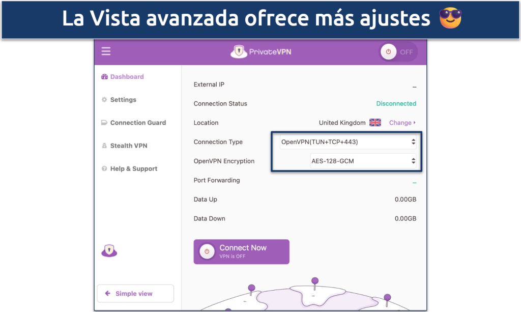 Captura de pantalla de la aplicación de PrivateVPN para Mac en la que se destacan los ajustes
