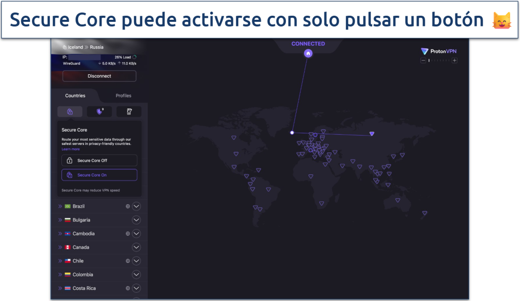 Captura de pantalla de la interfaz de ProtonVPN que muestra una conexión VPN activa