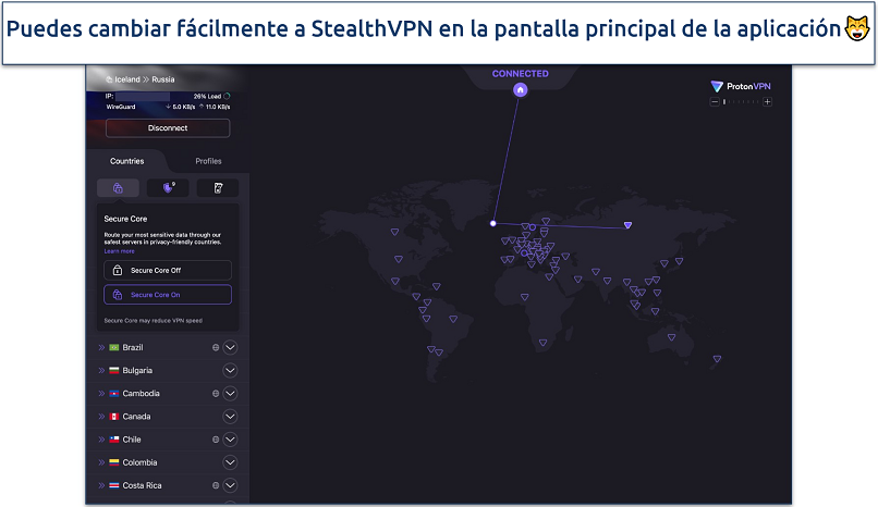 Screenshot of ProtonVPN's interface showing an active VPN connection