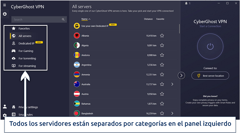 Captura de pantalla de los servidores para streaming de la aplicación de CyberGhost