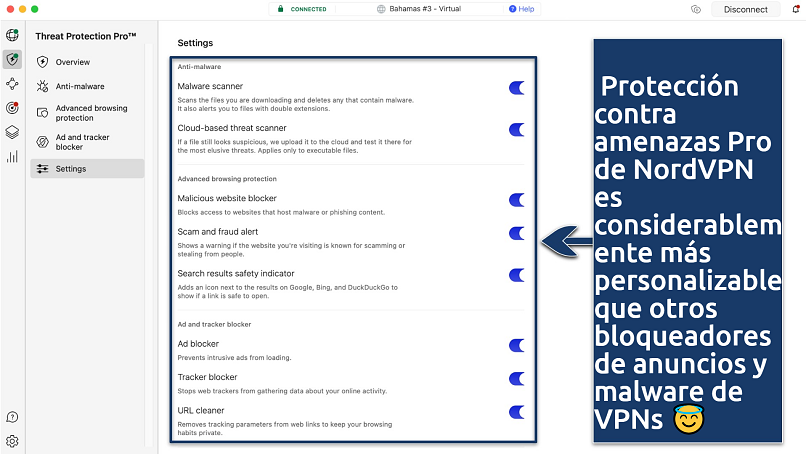 Captura de pantalla de la configuración de Protección contra amenazas Pro en la aplicación de NordVPN
