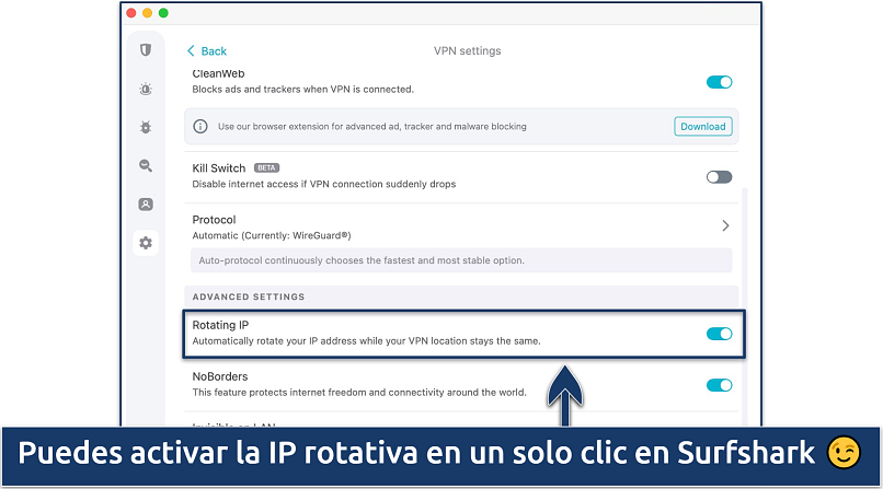 Captura de pantalla de la opción de IP rotativa en el menú de ajustes de Surfshark